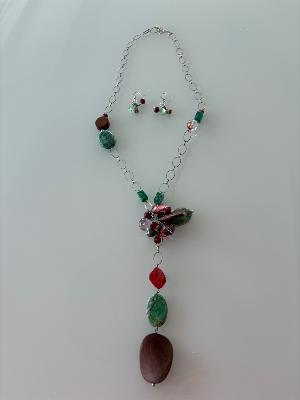 Artisan Green and Peach Beaded Pendant Necklace with Matching Earrings